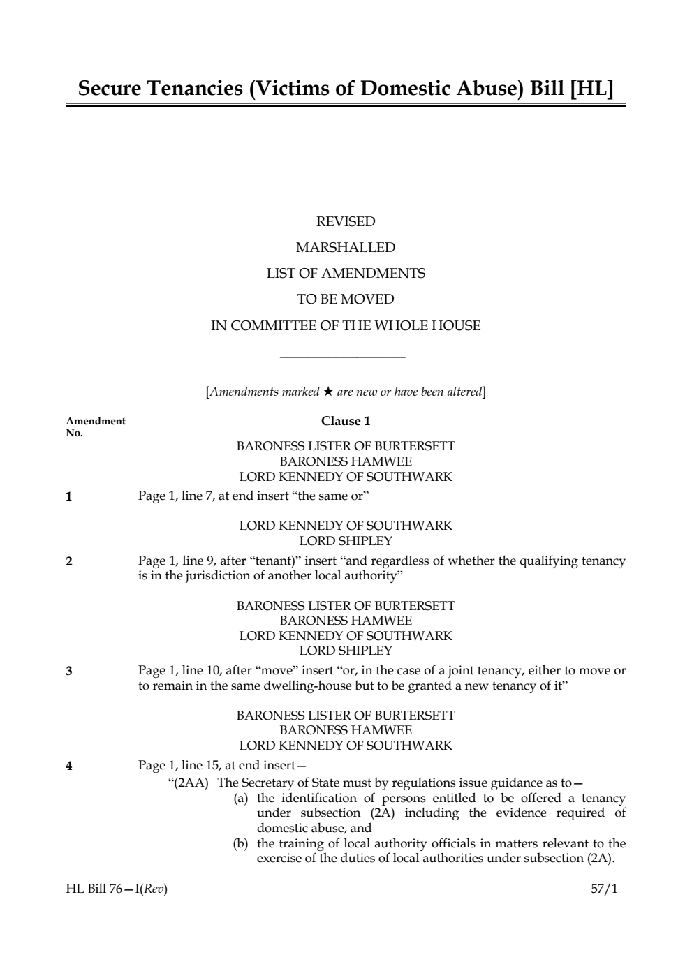 Secure Tenancies (Victims of Domestic Abuse) Bill Lords Amendments Revised 1st Marshalled List