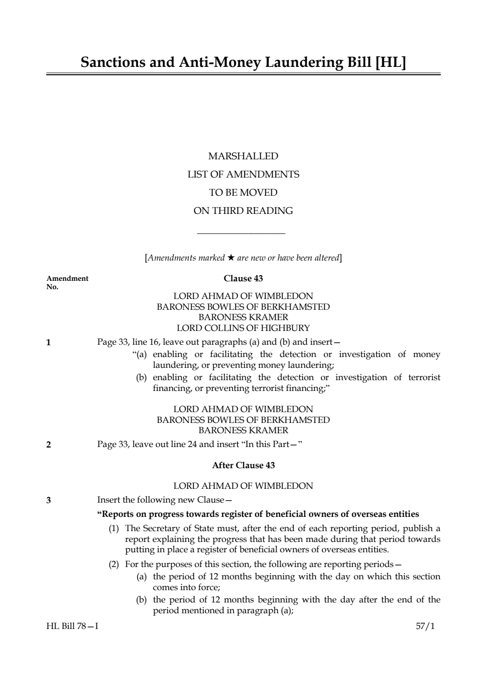Sanctions and Anti-Money Laundering Bill Lords Amendments 1st Marshalled List