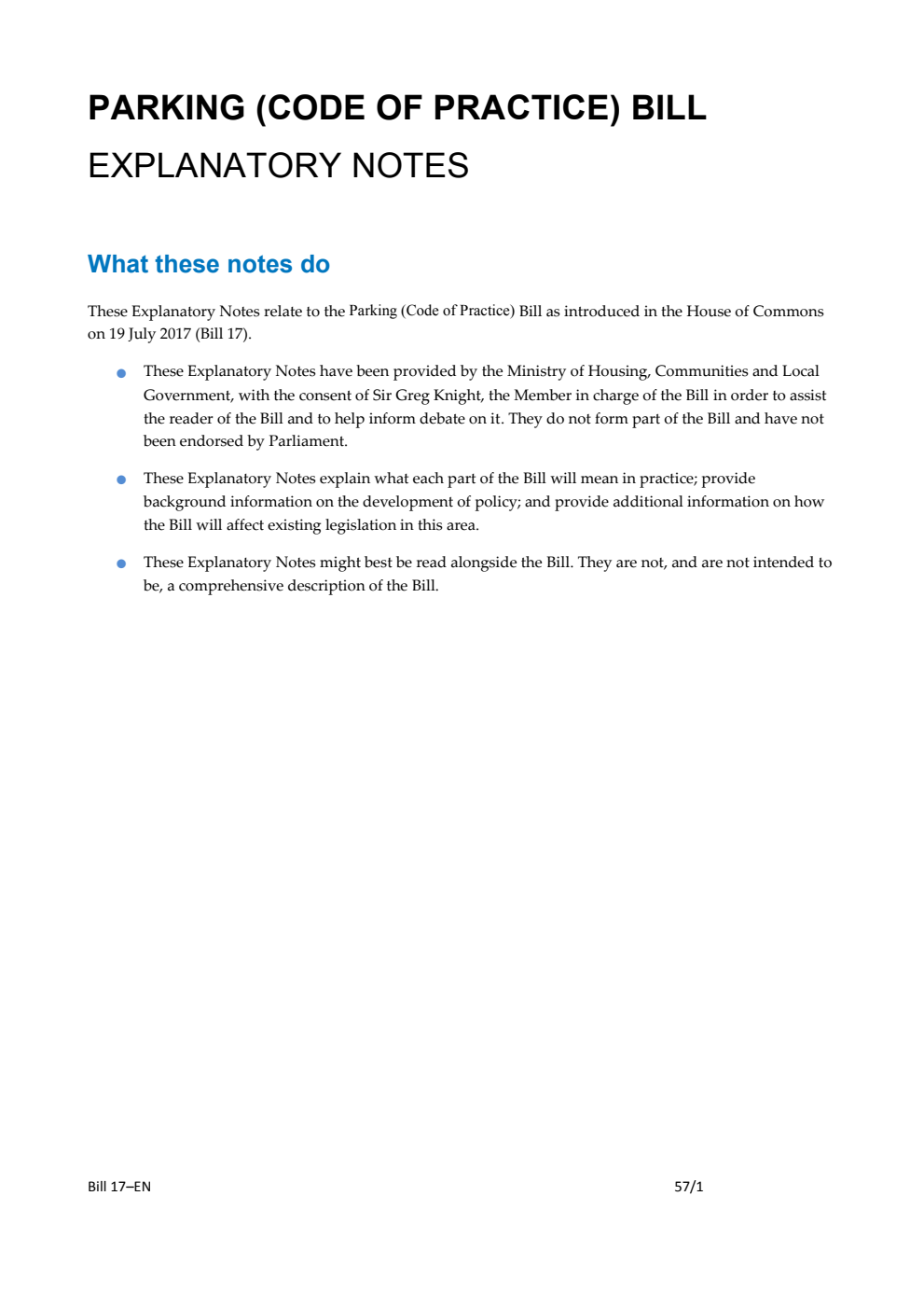 Parking (Code of Practice) Bill Explanatory Notes