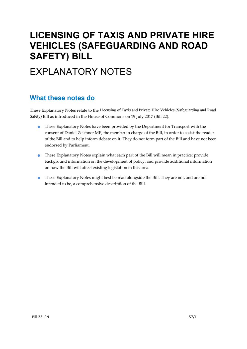 Licensing of Taxis and Private Hire Vehicles (Safeguarding and Road Safety) Bill Explanatory Notes