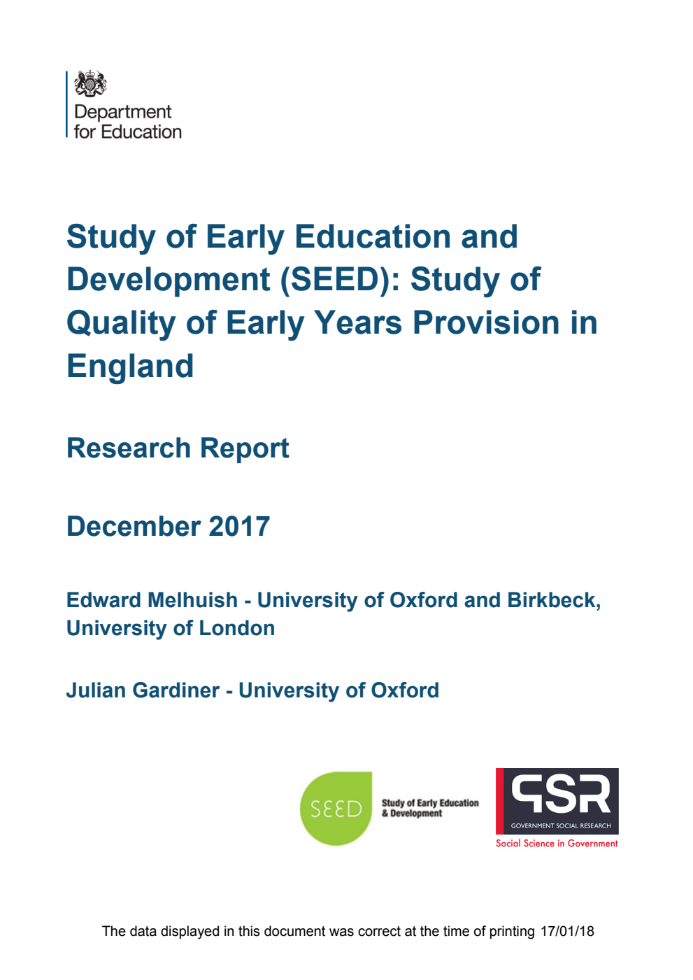 DFE-RR706-2 Study of Early Education and Development (SEED): Study of Quality of Early Years Provision in England