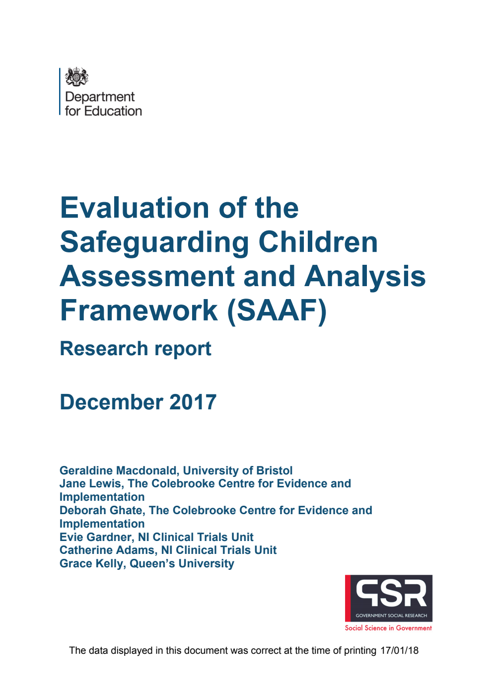 DFE-RR780 Evaluation of the Safeguarding Children Assessment and Analysis Framework (SAAF)