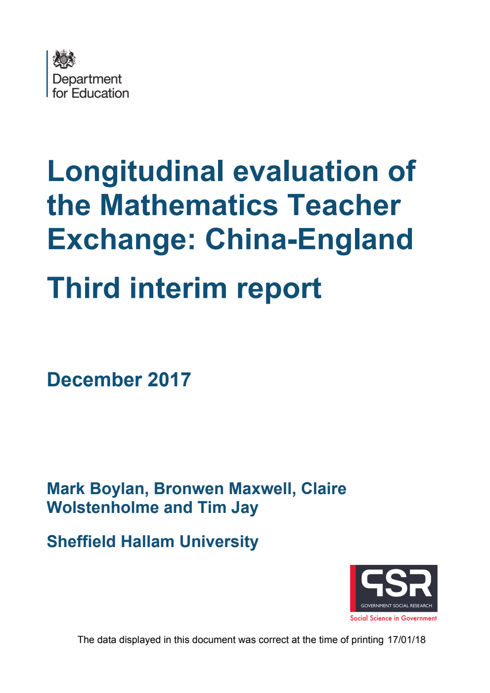 DFE-RR778 Longitudinal evaluation of the Mathematics Teacher Exchange: China-England: Third interim report