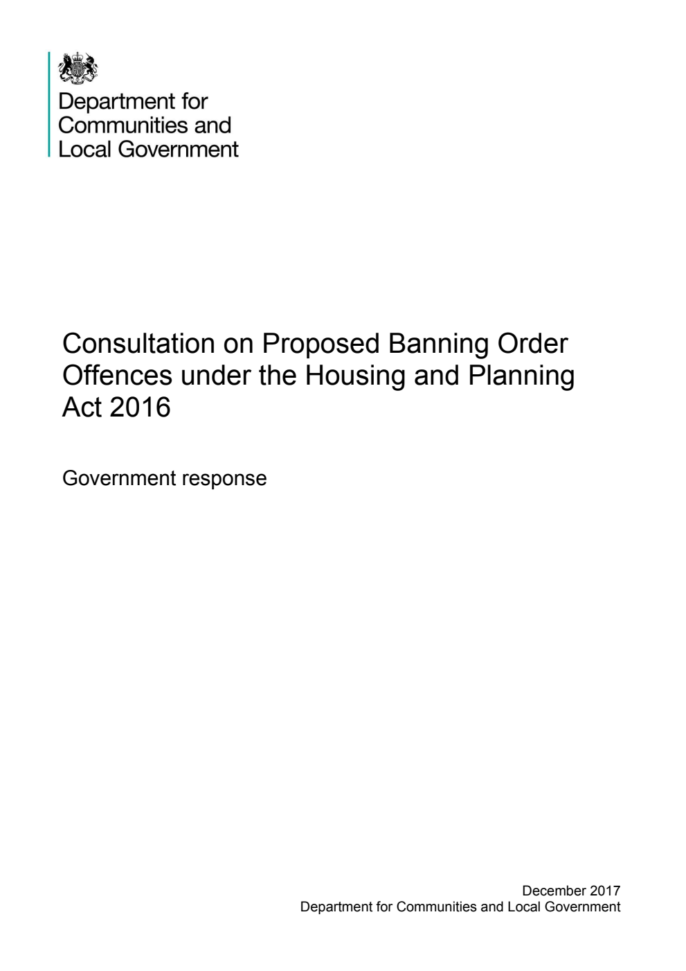 Consultation on Proposed Banning Order Offences under the Housing and Planning Act 2016 : Government response