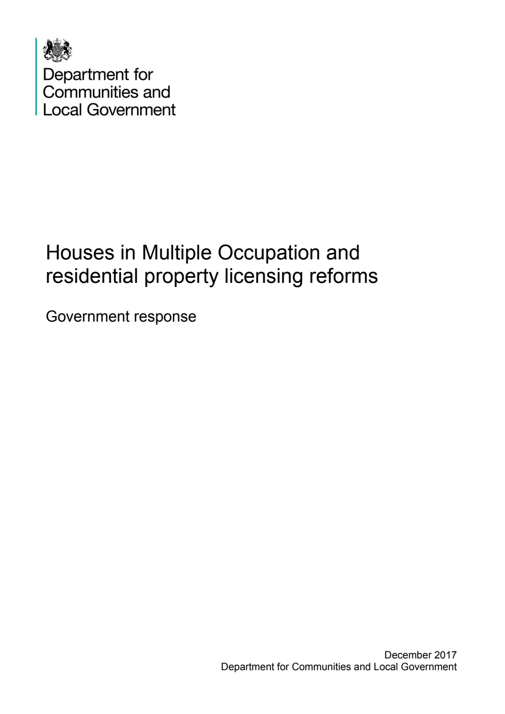Houses in Multiple Occupation and residential property licensing reforms. Government response