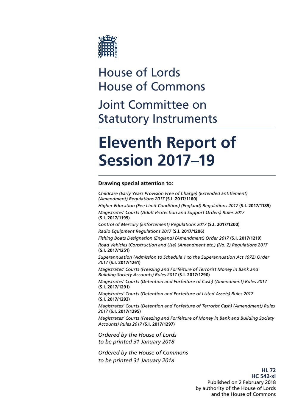 Statutory Instruments Joint Committee 11th Report of Session 2017–19