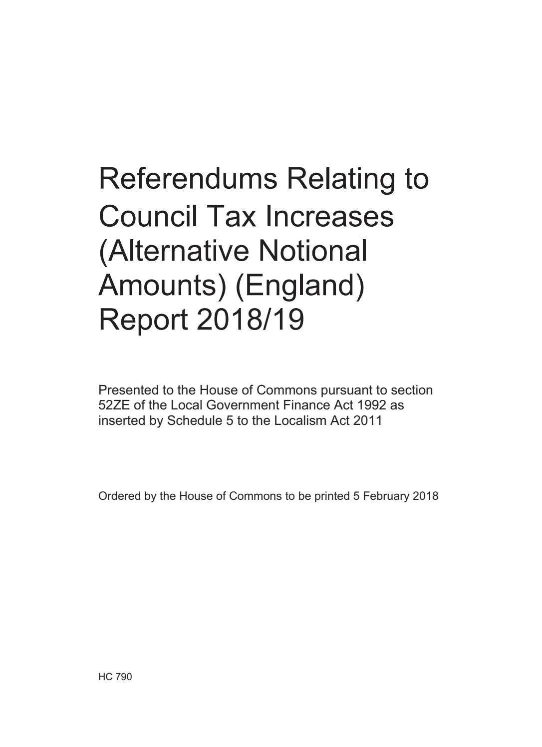 Referendums Relating to Council Tax Increases (Alternative Notional Amounts) (England) Report 2018/19