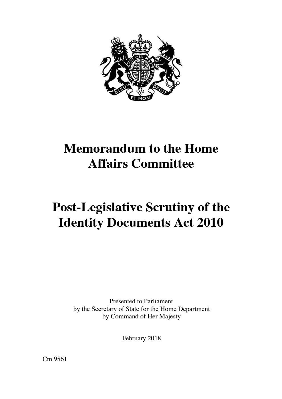 Memorandum to the Home Affairs Committee: Post-Legislative Scrutiny of the Identity Documents Act 2010