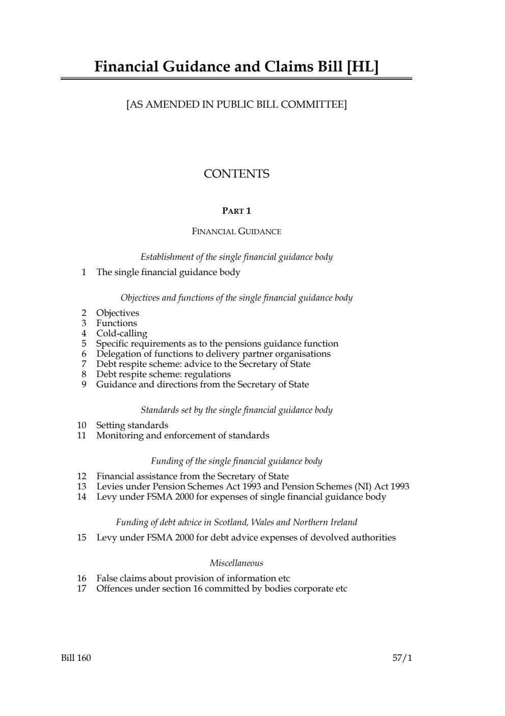 Financial Guidance and Claims Bill [as amended in Public Bill Committee]