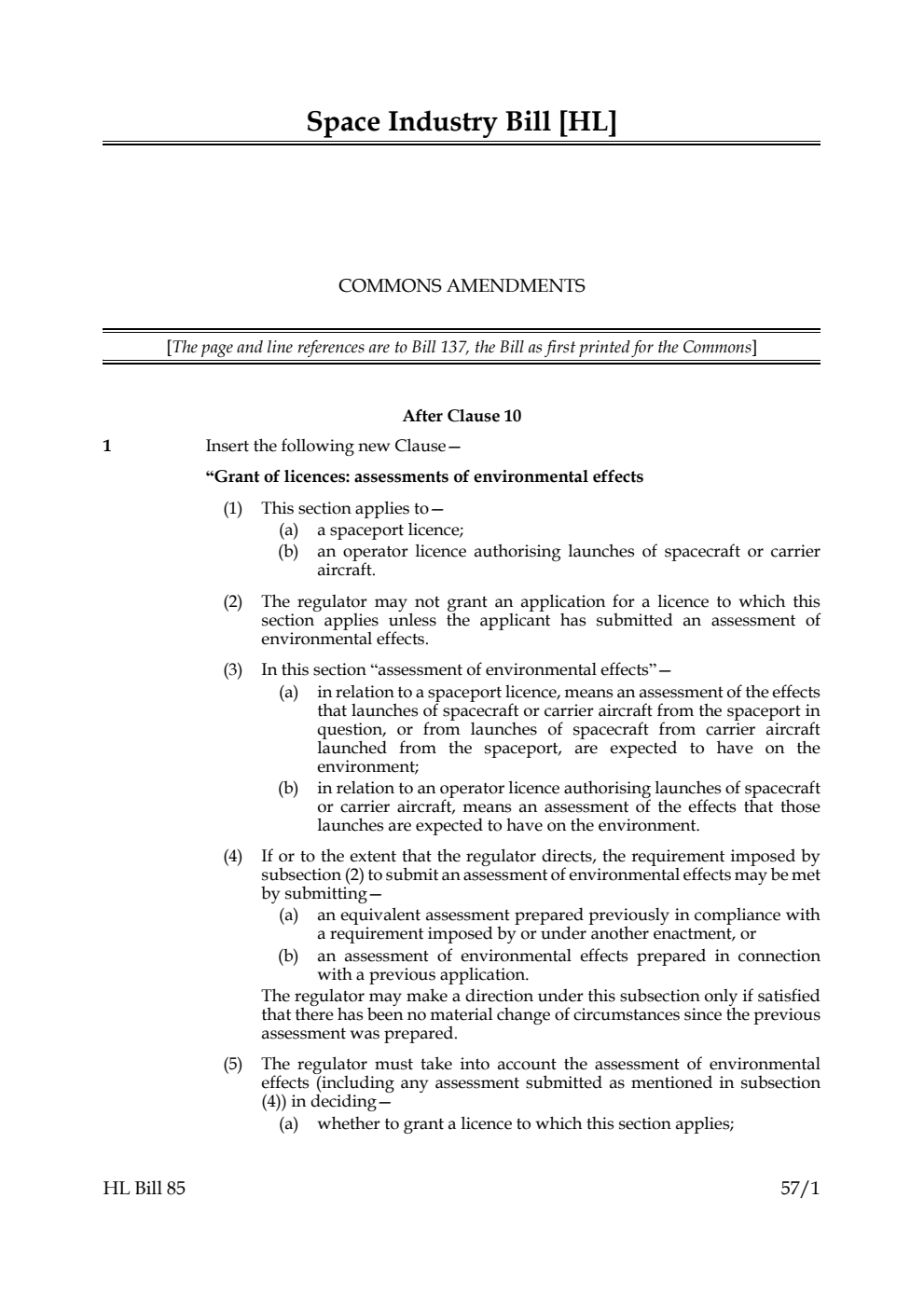 Space Industry Bill Commons Amendments