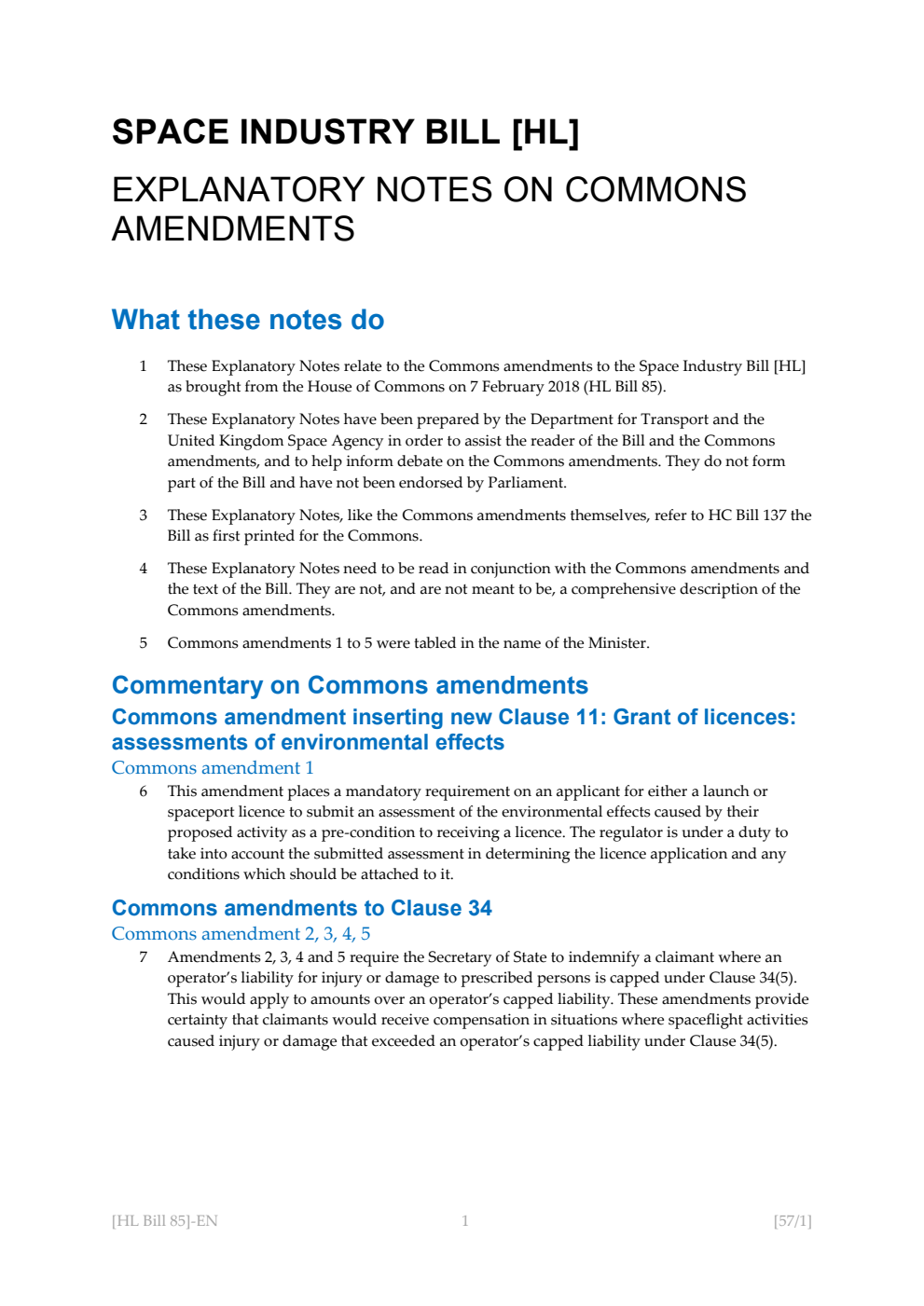 Space Industry Bill Explanatory Notes on Commons Amendments