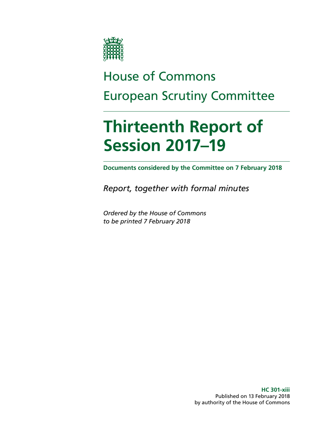 European Scrutiny Committee 13th Report of Session 2017–19