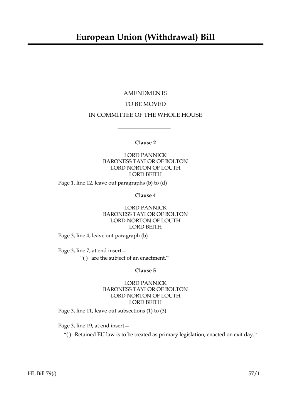 European Union (Withdrawal) Bill Lords Amendments