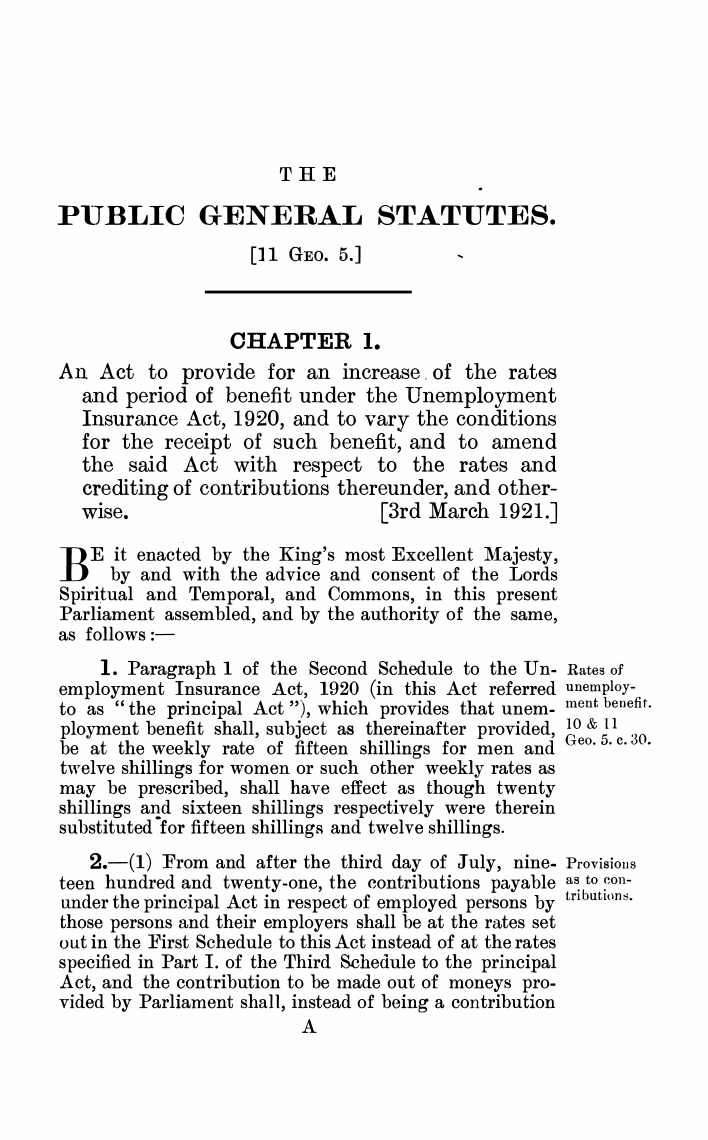 Unemployment Insurance Act 1921 Chapter 1