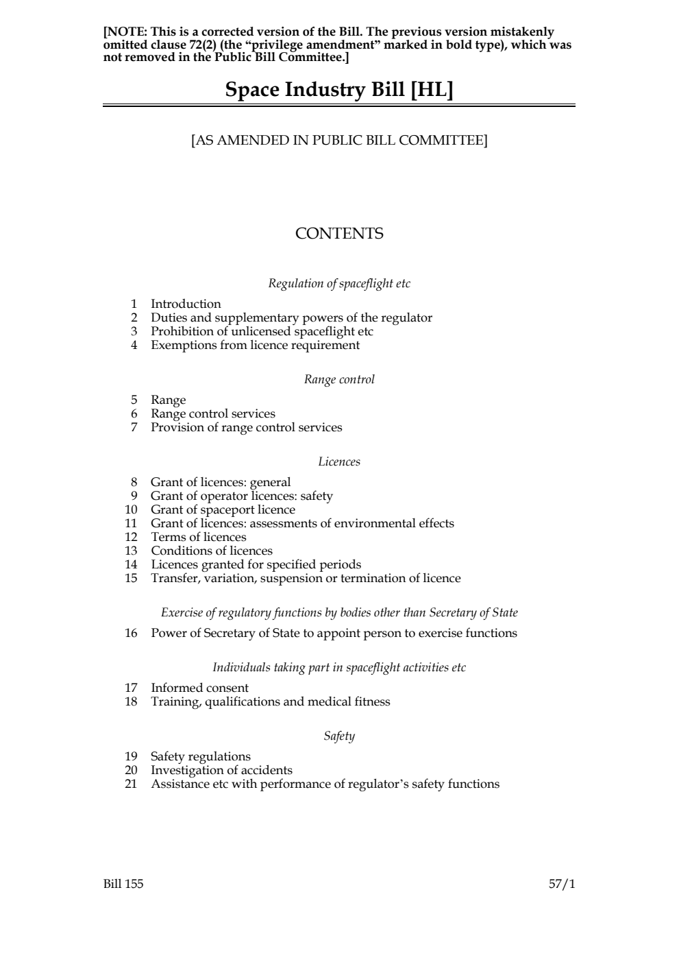 Space Industry Bill [as amended in Public Bill Committee] Corrected Version, February 2018