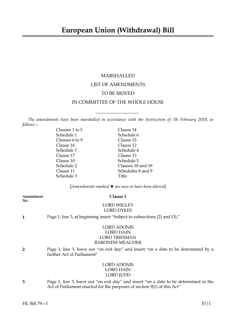 European Union (Withdrawal) Bill Lords Amendments 1st Marshalled List