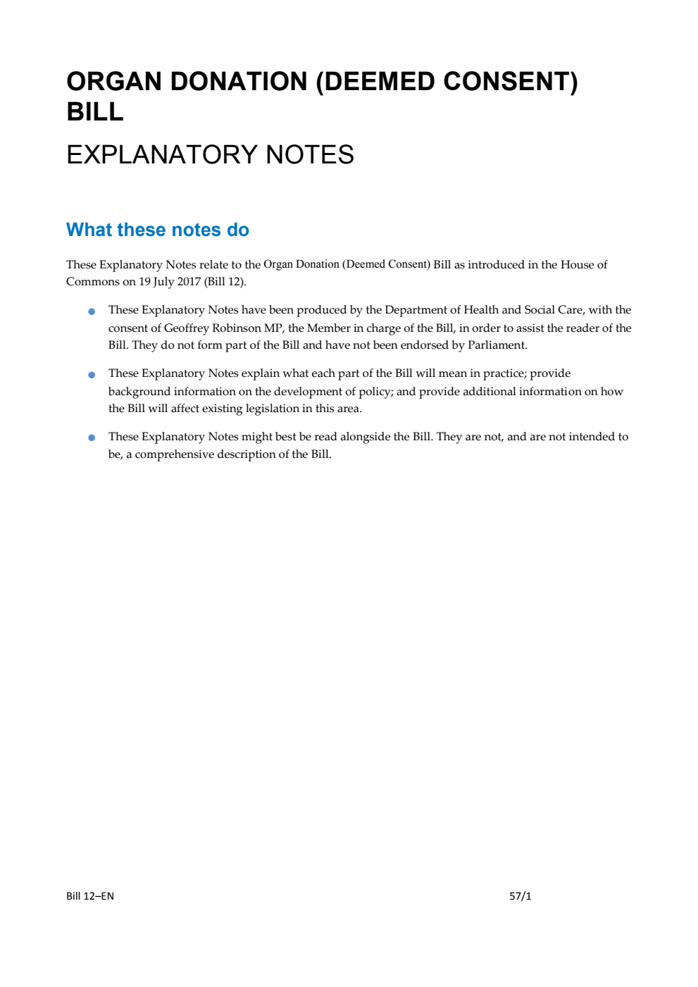 Organ Donation (Deemed Consent) Bill Explanatory Notes