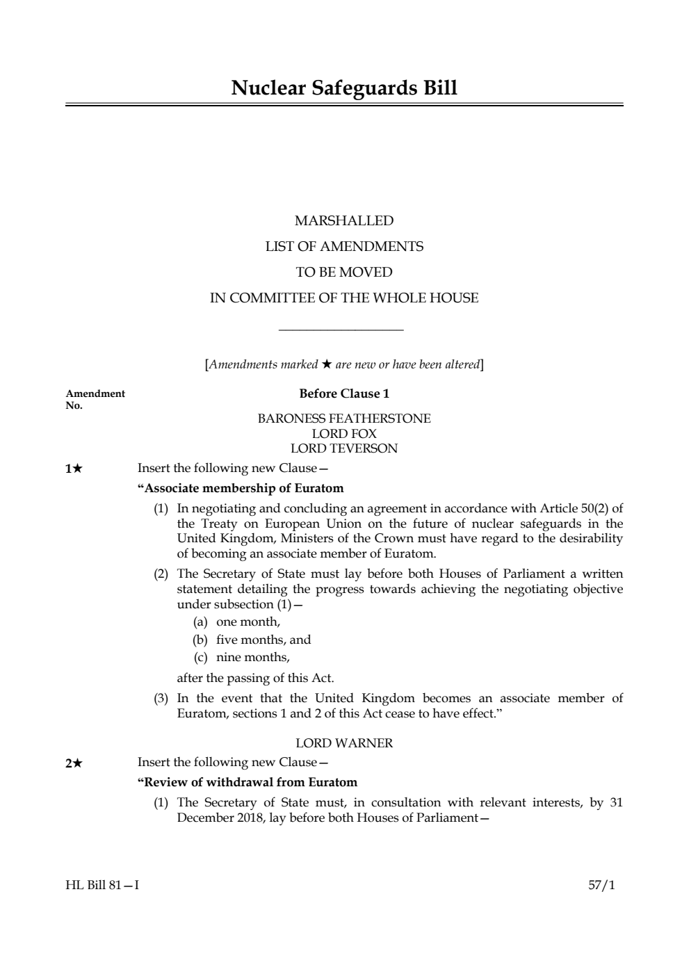 Nuclear Safeguards Bill Lords Amendments 1st Marshalled List