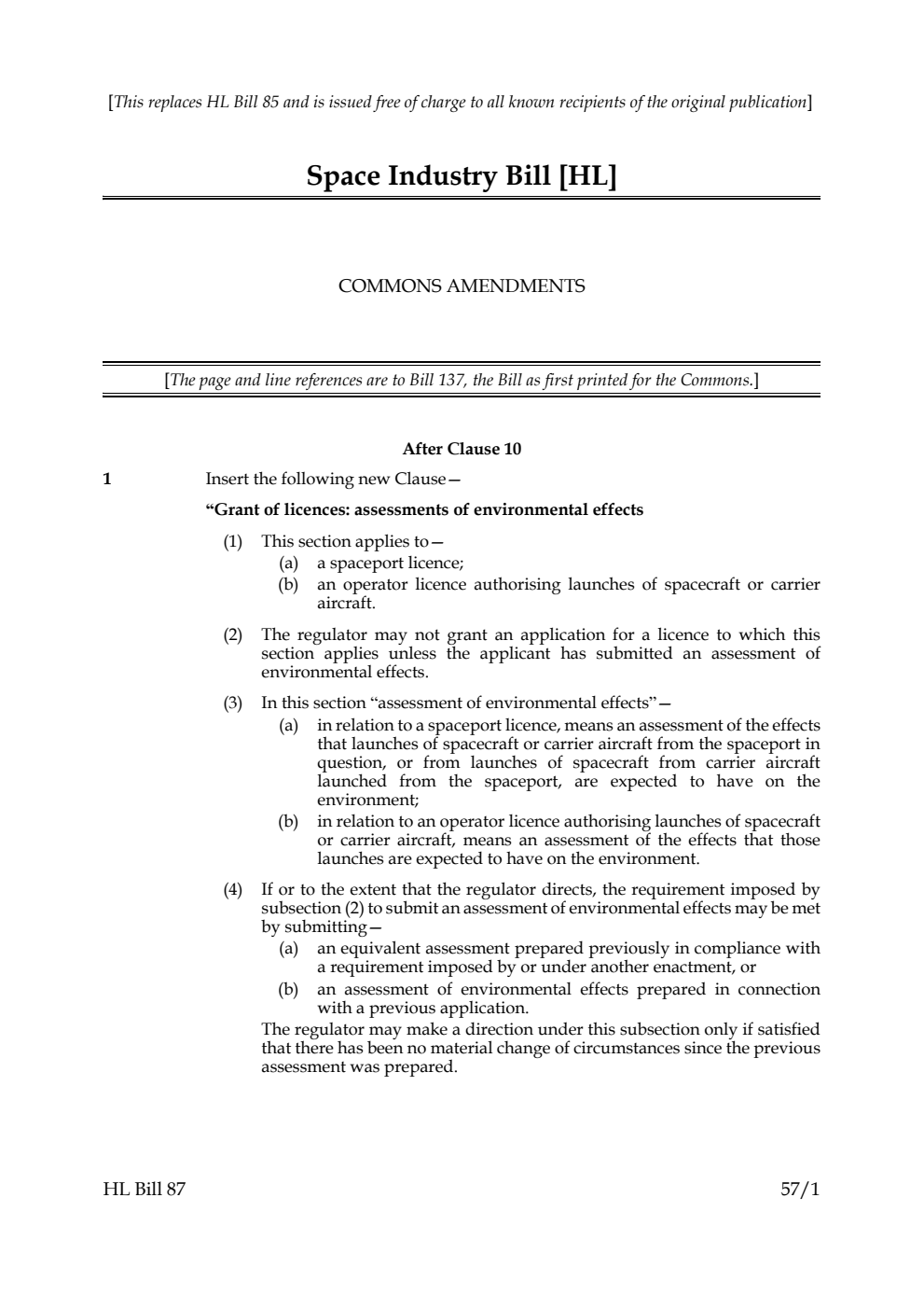 Space Industry Bill Commons Amendments. (Issued in replacement of HLB 85)