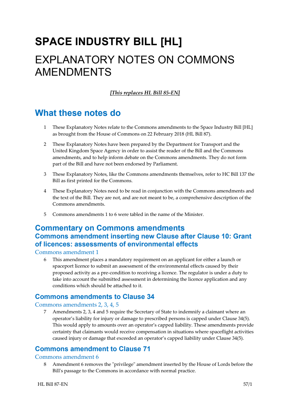 Space Industry Bill Explanatory Notes on Commons Amendments. (Issued in replacement of HLB 85-EN)