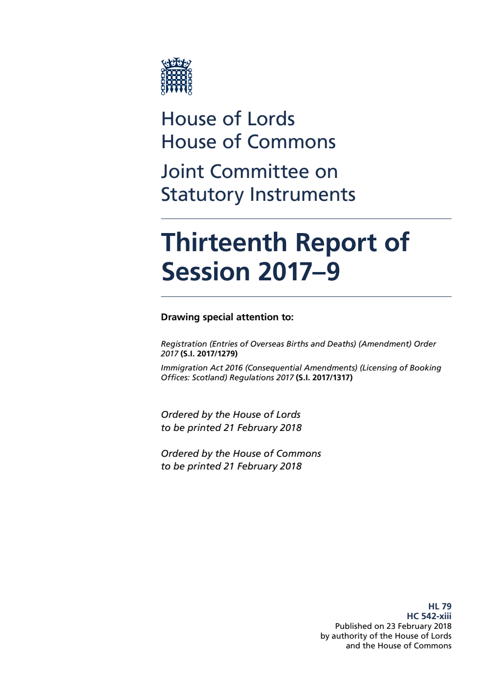 Statutory Instruments Joint Committee 13th Report of Session 2017–19