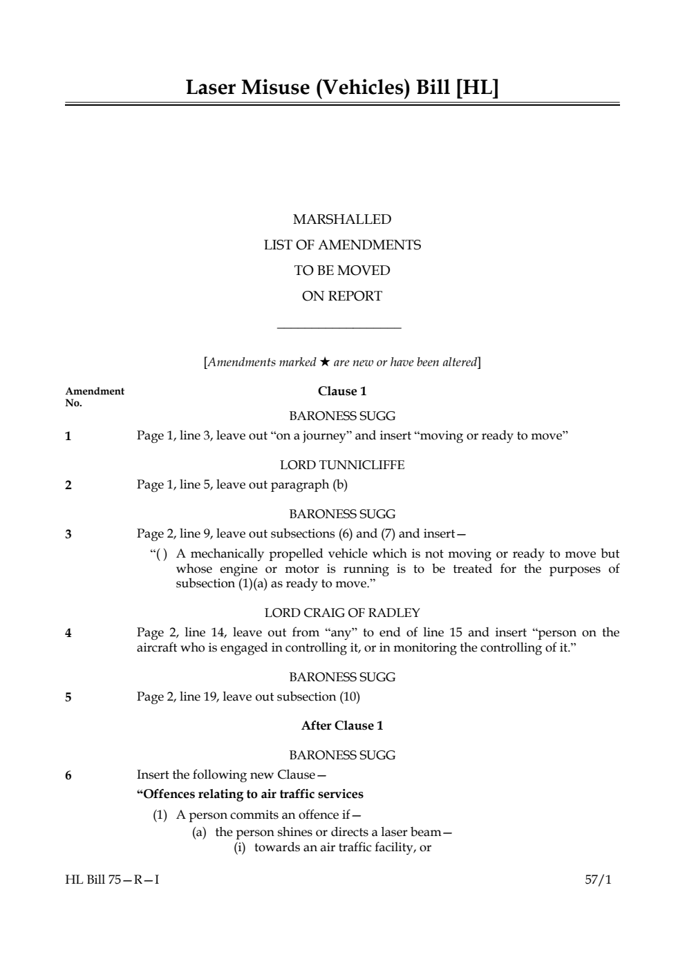 Laser Misuse (Vehicles) Bill Lords Amendments 1st Marshalled List