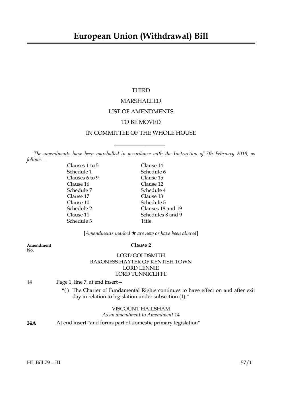 European Union (Withdrawal) Bill Lords Amendments 3rd Marshalled List