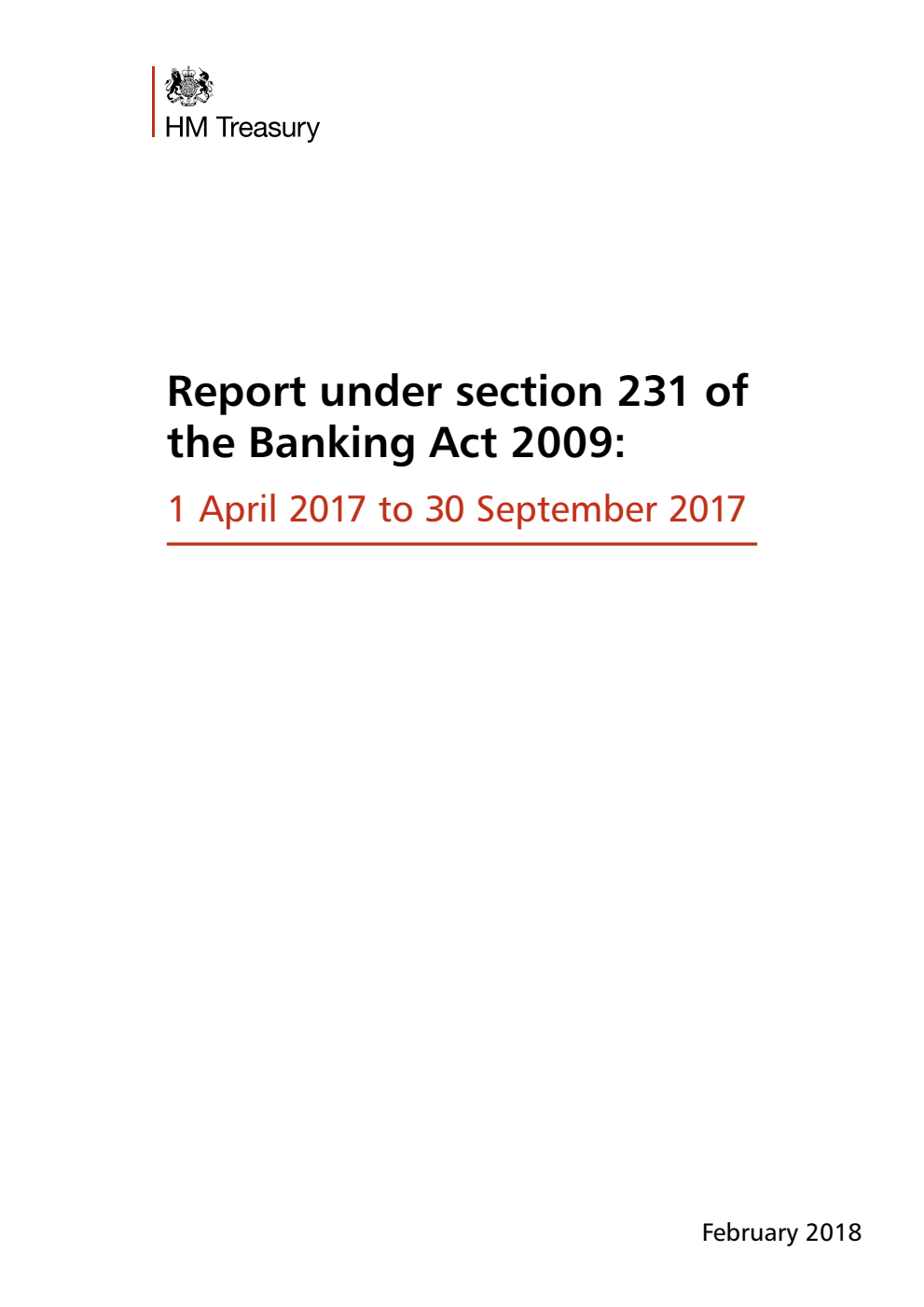 Report under section 231 of the Banking Act 2009: 1 April 2017 to 30 September 2017