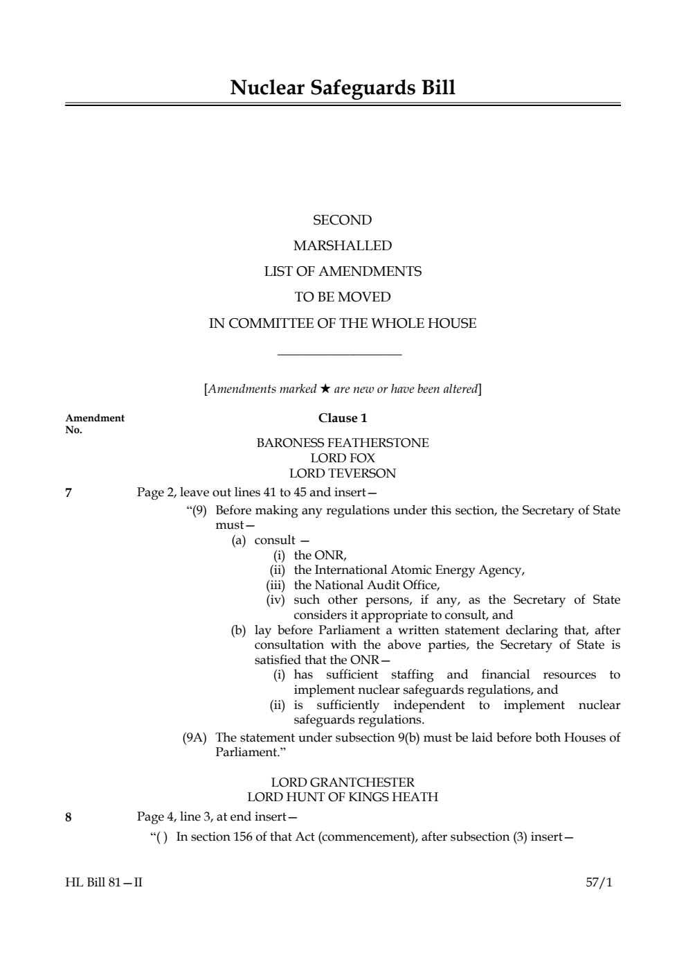 Nuclear Safeguards Bill Lords Amendments 2nd Marshalled List