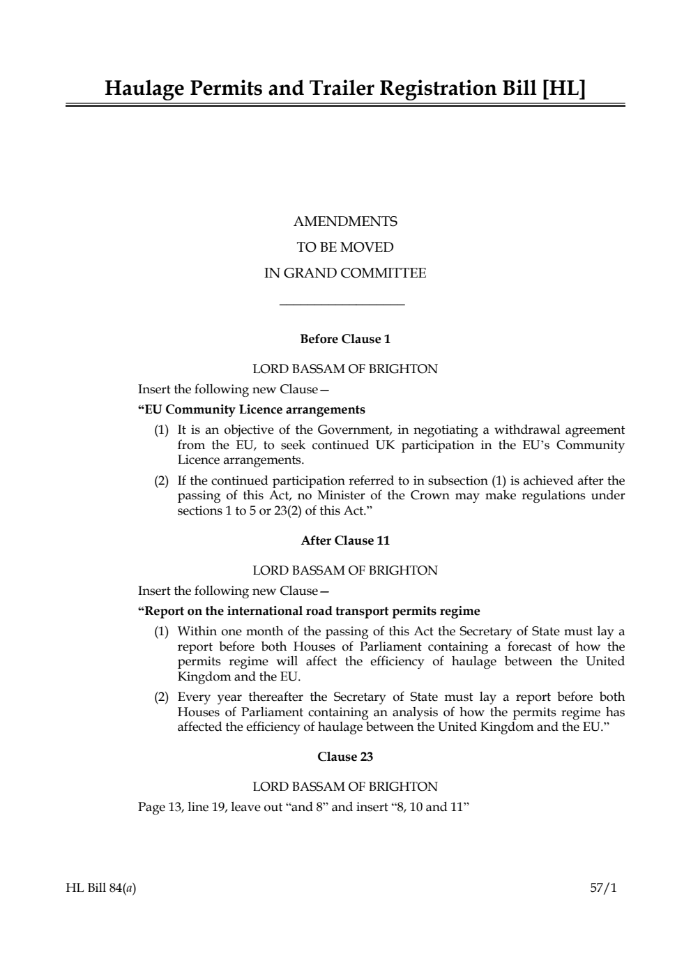 Haulage Permits and Trailer Registration Bill Lords Amendments