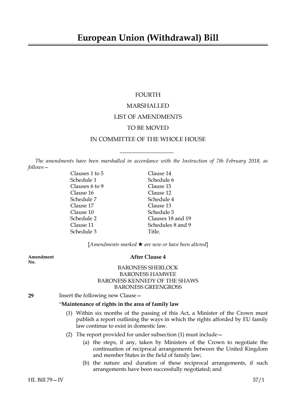 European Union (Withdrawal) Bill Lords Amendments 4th Marshalled List
