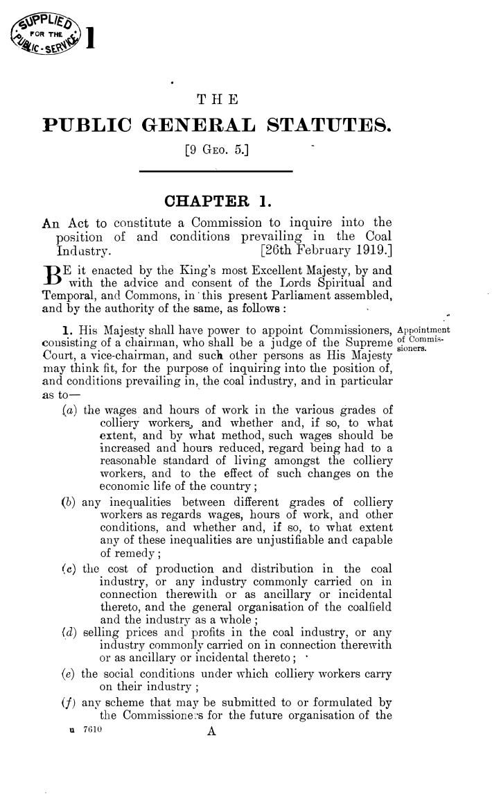 Coal Industry Commission Act 1919 Chapter 1