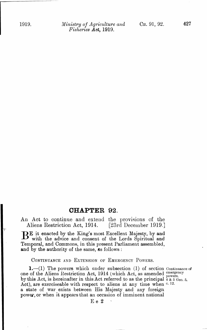 Aliens Restriction (Amendment) Act 1919 Chapter 92