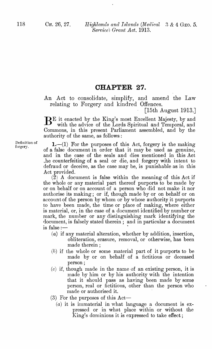 Forgery Act 1913 Chapter 27