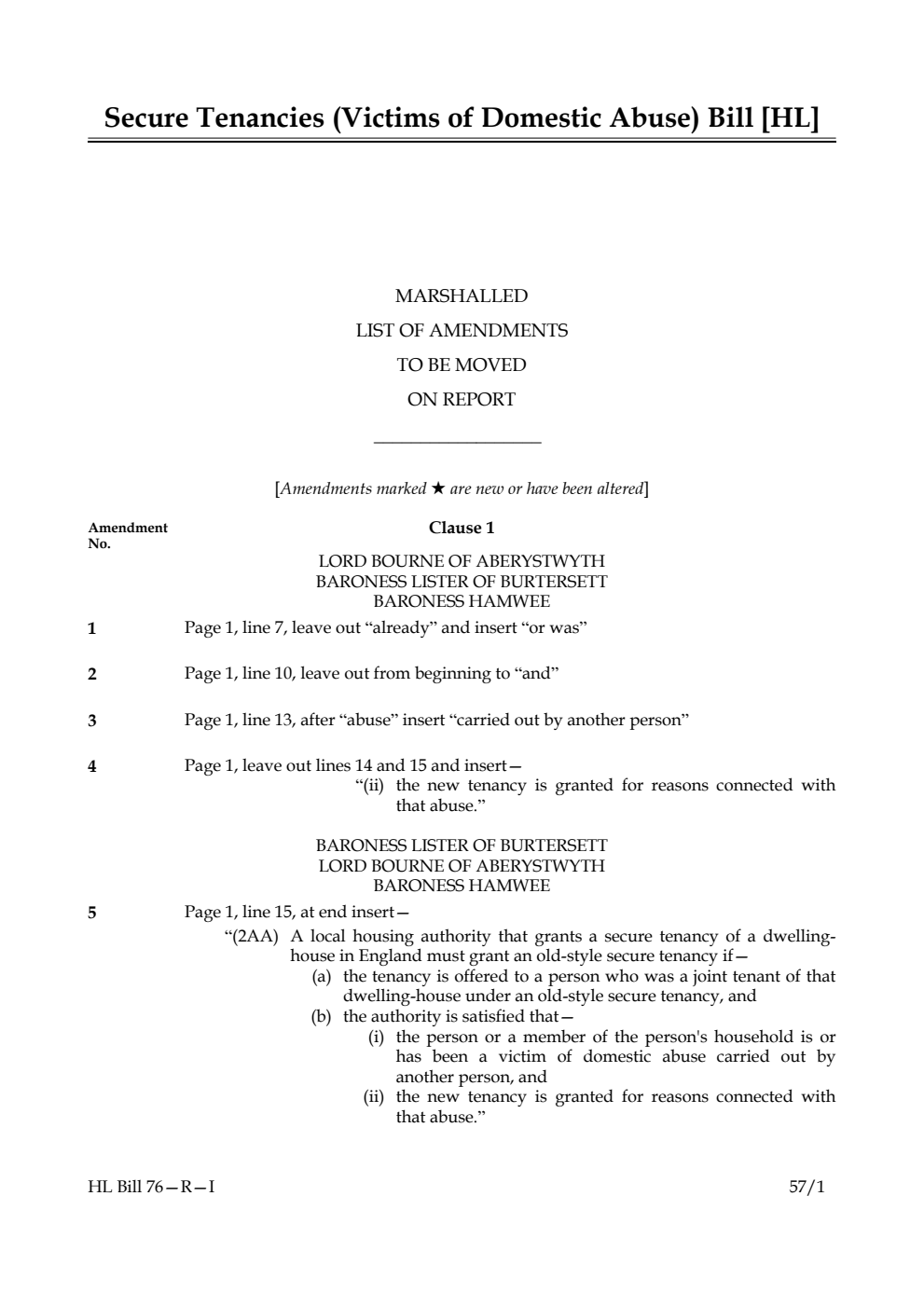 Secure Tenancies (Victims of Domestic Abuse) Bill Lords Amendments 1st Marshalled List
