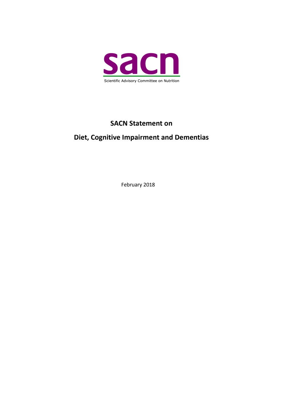 SACN Statement on Diet, Cognitive Impairment and Dementias