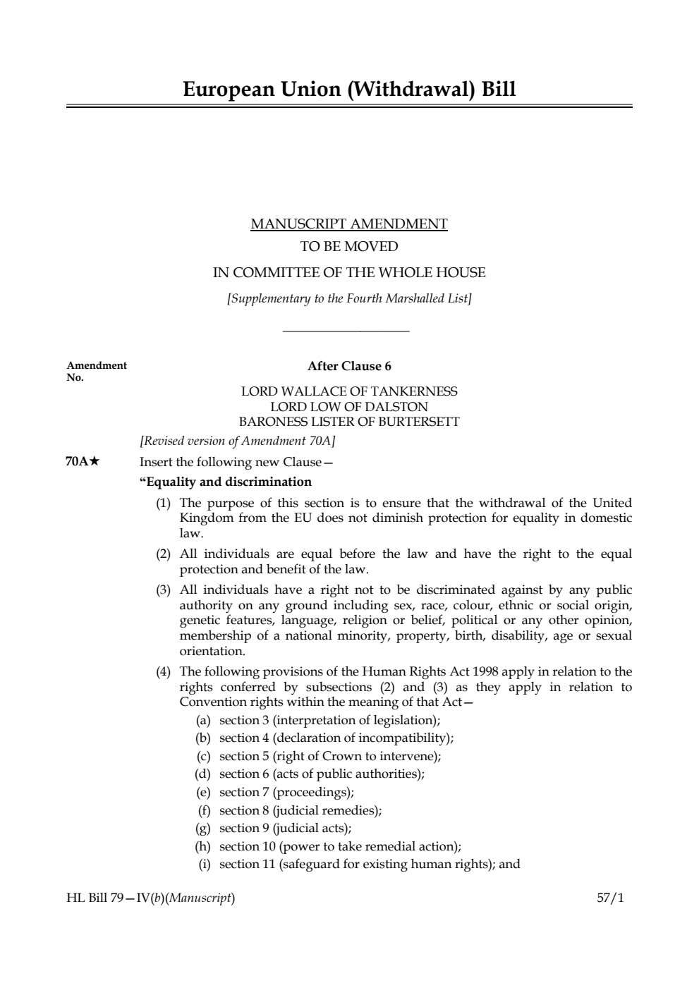 European Union (Withdrawal) Bill Lords Amendments Manuscript Amendment [Supplementary to the Fourth Marshalled List]
