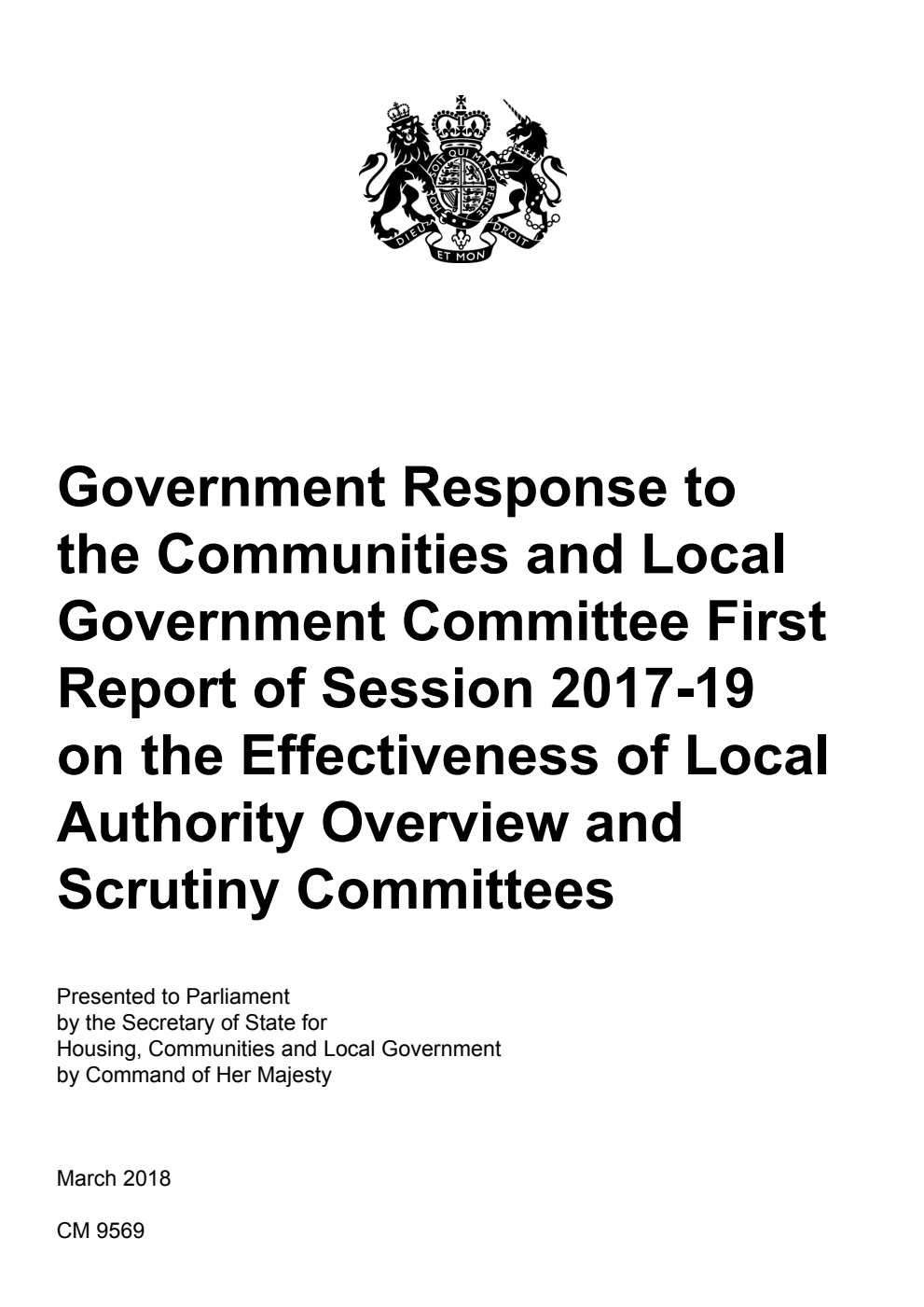 Government Response to the Communities and Local Government Committee First Report of Session 2017-19 on the Effectiveness of Local Authority Overview and Scrutiny Committees