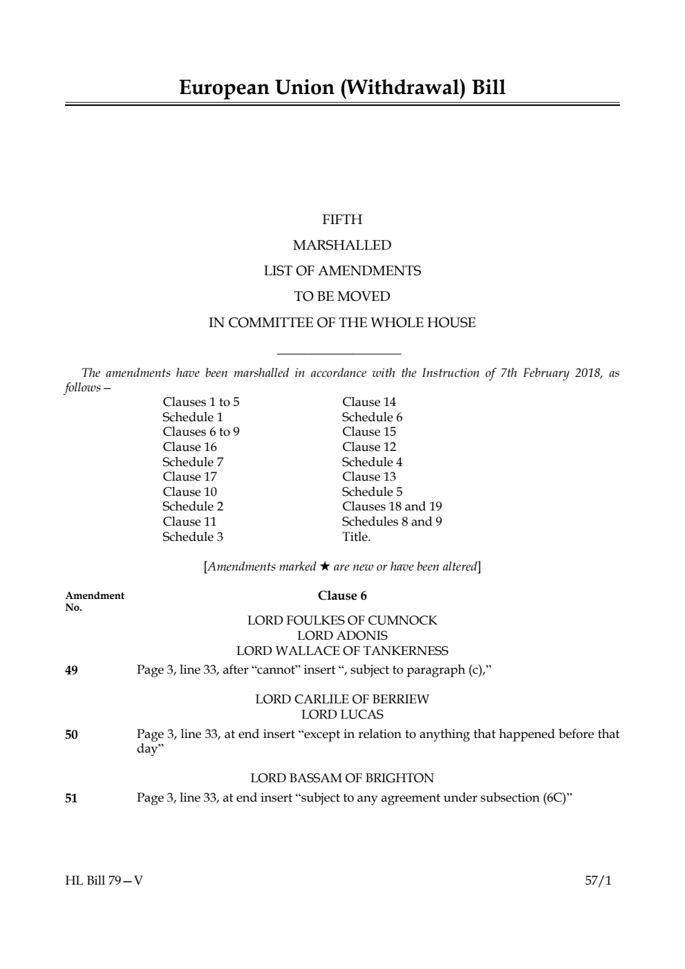 European Union (Withdrawal) Bill Lords Amendments 5th Marshalled List