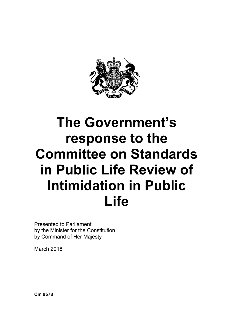 The Government’s response to the Committee on Standards in Public Life Review of Intimidation in Public Life
