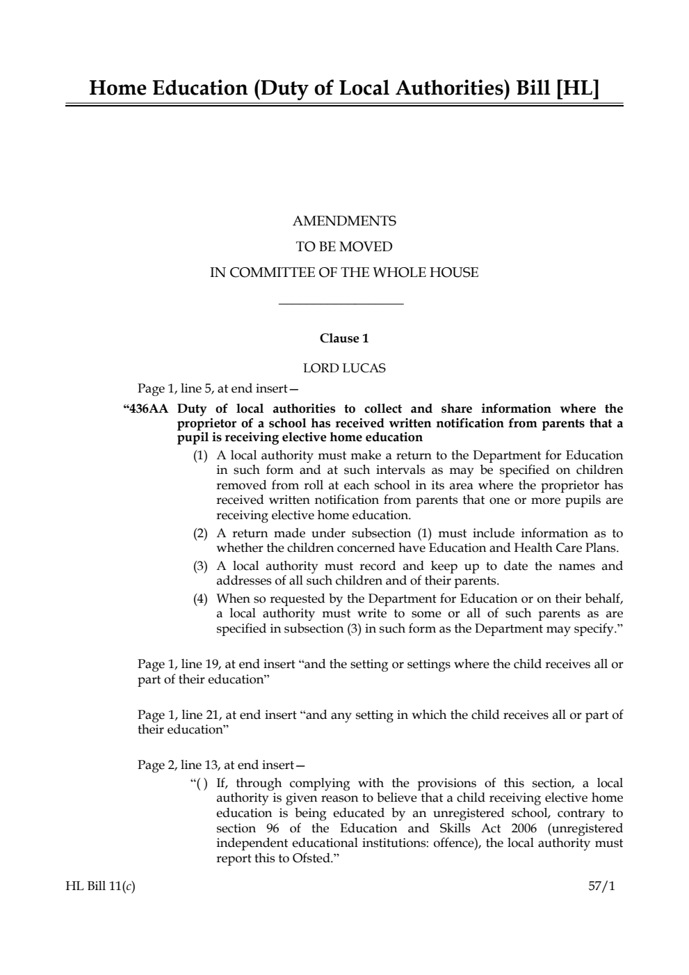 Home Education (Duty of Local Authorities) Bill Lords Amendments