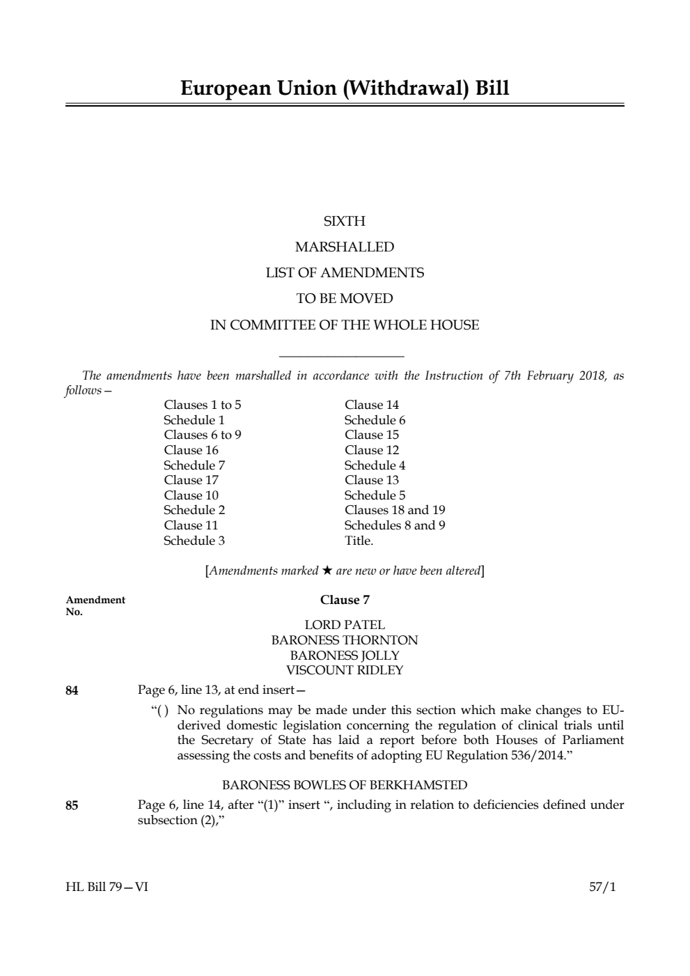 European Union (Withdrawal) Bill Lords Amendments 6th Marshalled List