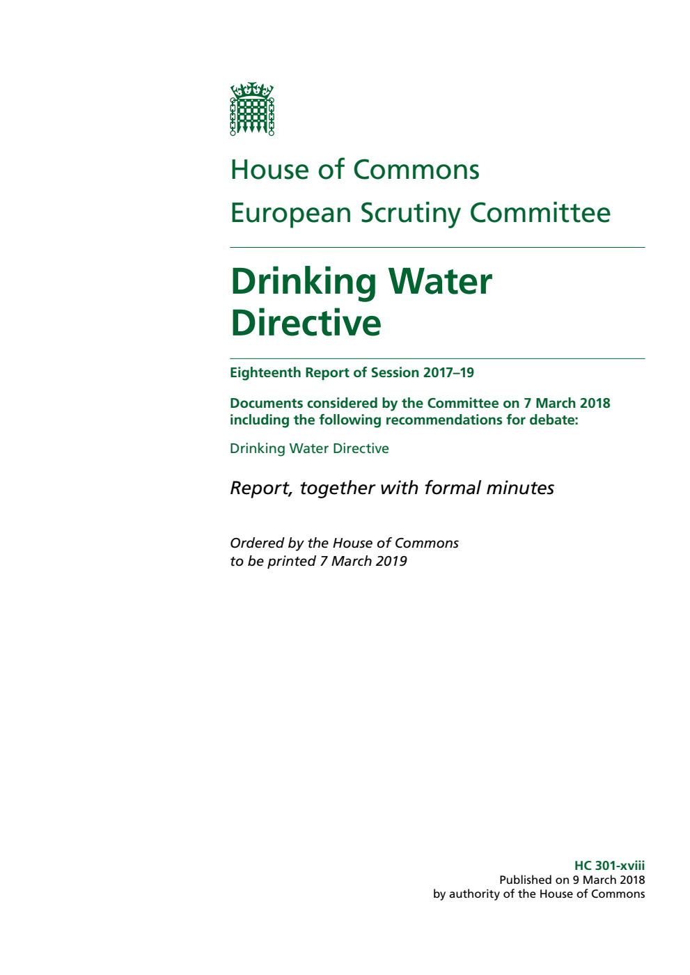 European Scrutiny Committee 18th Report. Drinking Water Directive