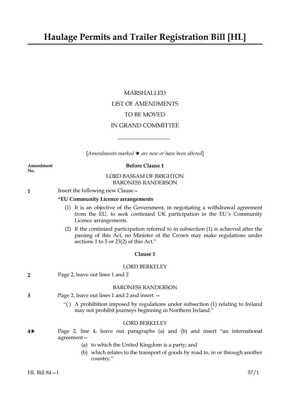 Haulage Permits and Trailer Registration Bill Lords Amendments 1st Marshalled List