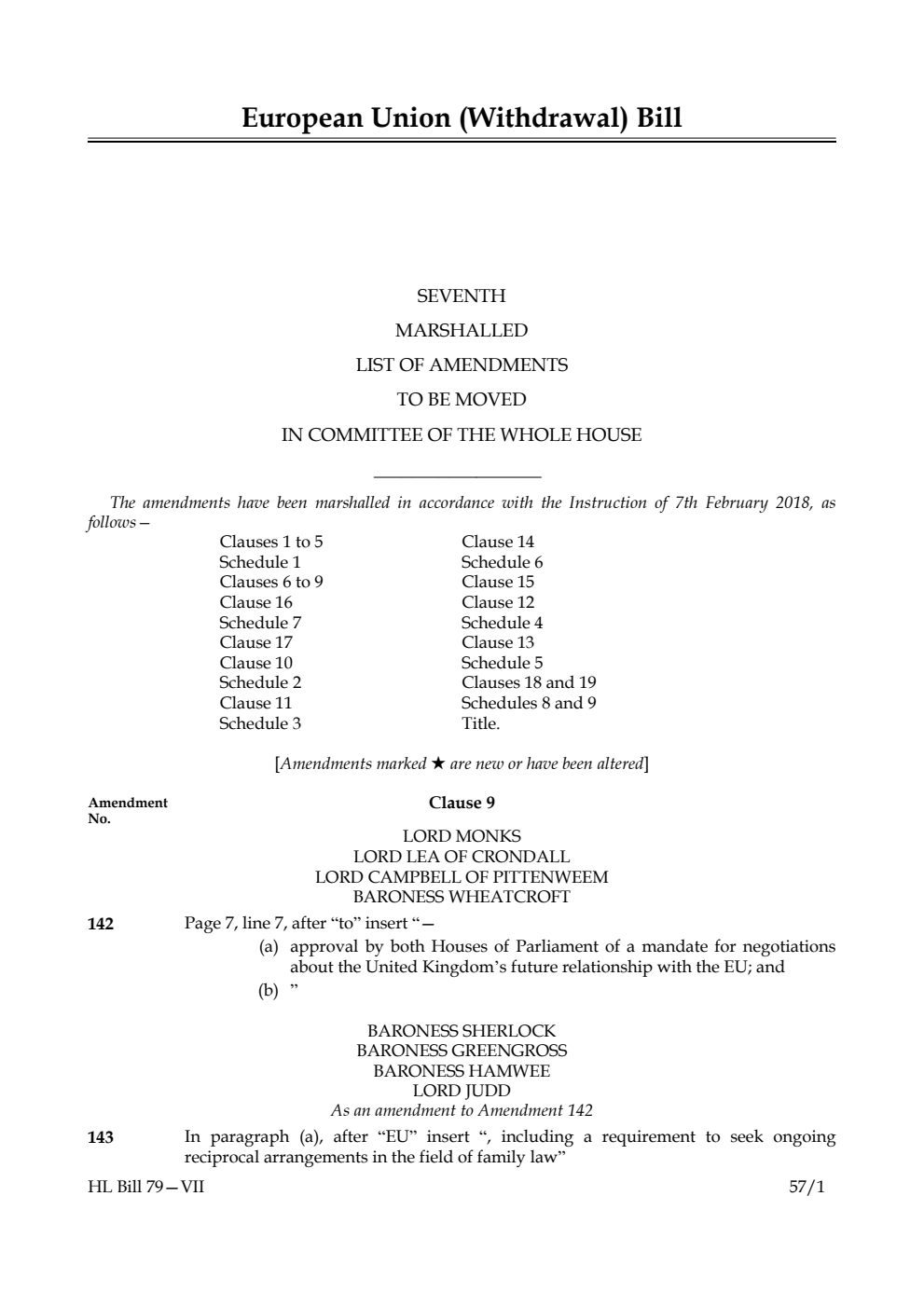 European Union (Withdrawal) Bill Lords Amendments 7th Marshalled List