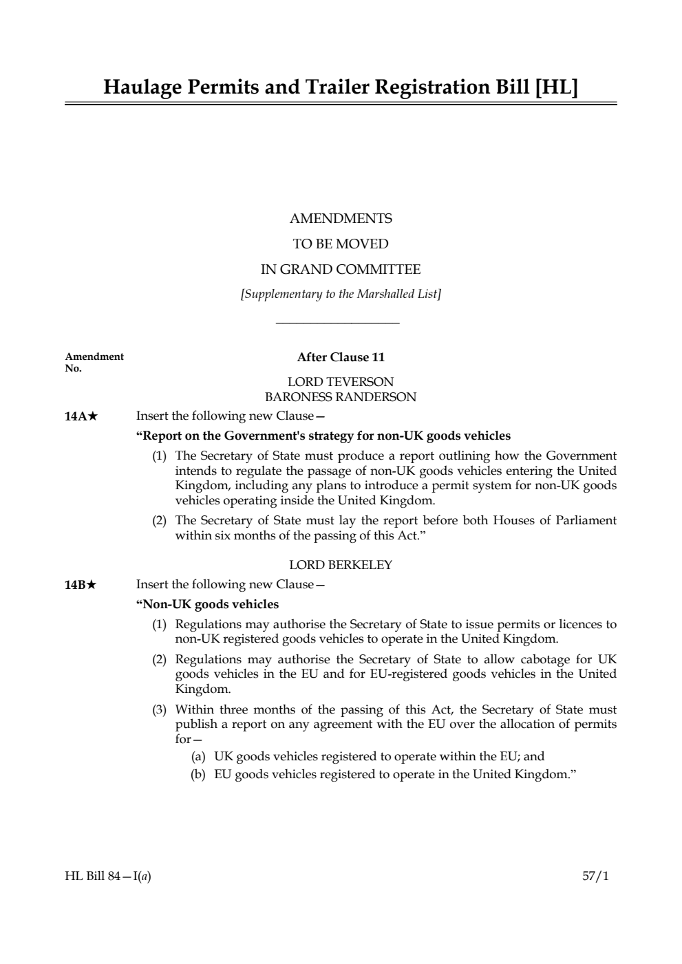 Haulage Permits and Trailer Registration Bill Lords Amendments