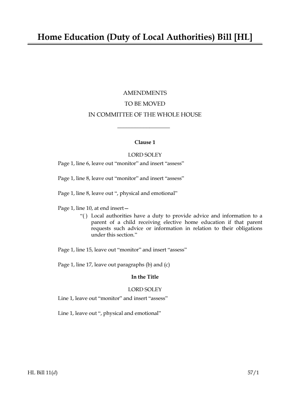 Home Education (Duty of Local Authorities) Bill Lords Amendments