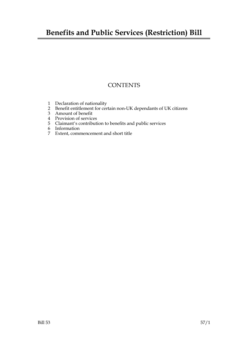 Benefits and Public Services (Restriction) Bill