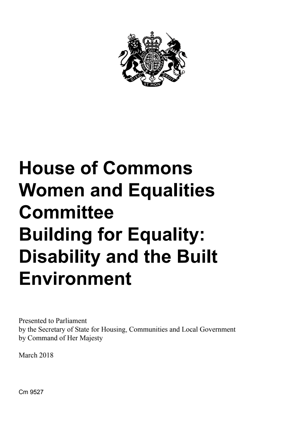 House of Commons Women and Equalities Committee Building for Equality: Disability and the Built Environment