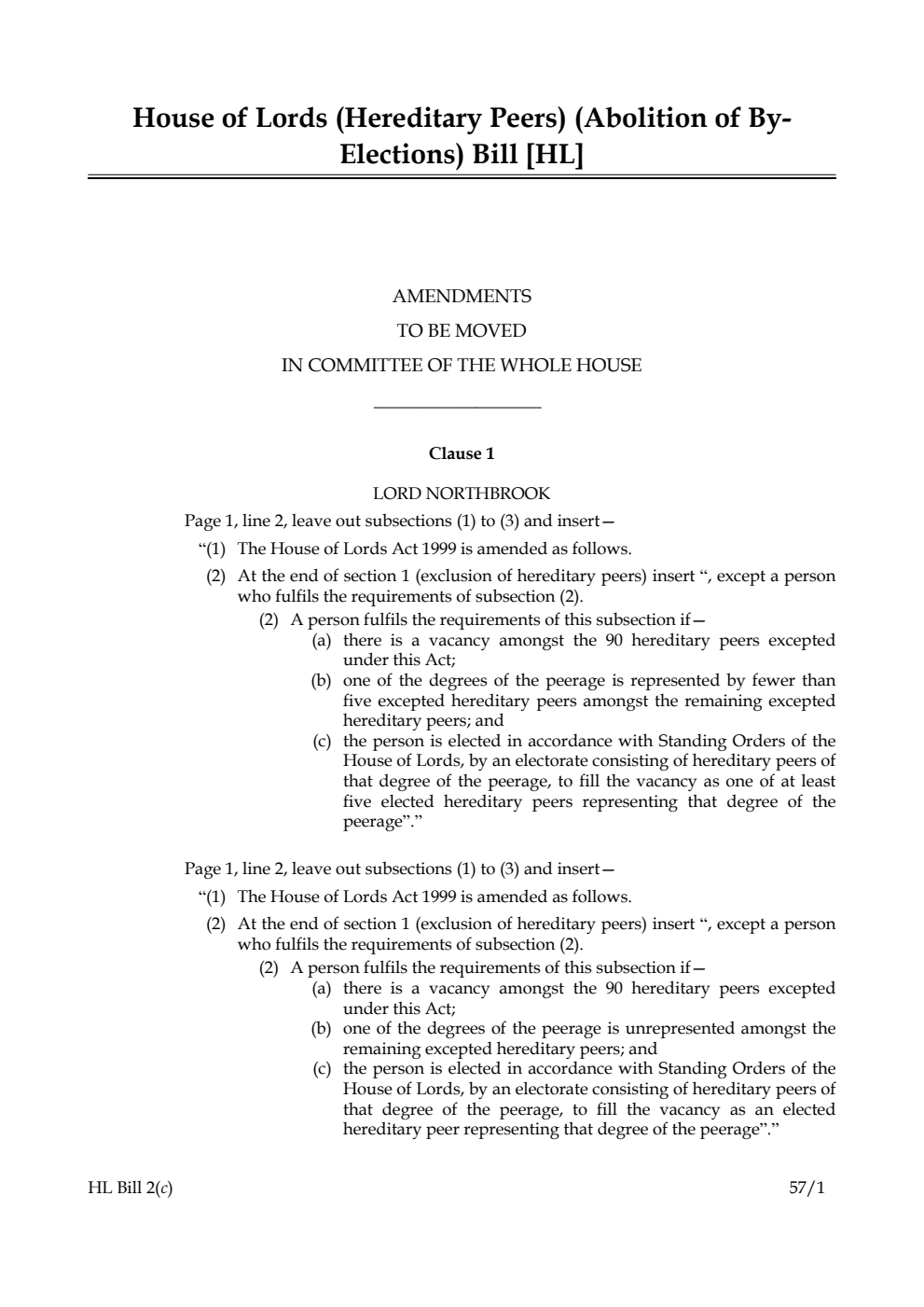 House of Lords (Hereditary Peers) (Abolition of By-Elections) Bill Lords Amendments